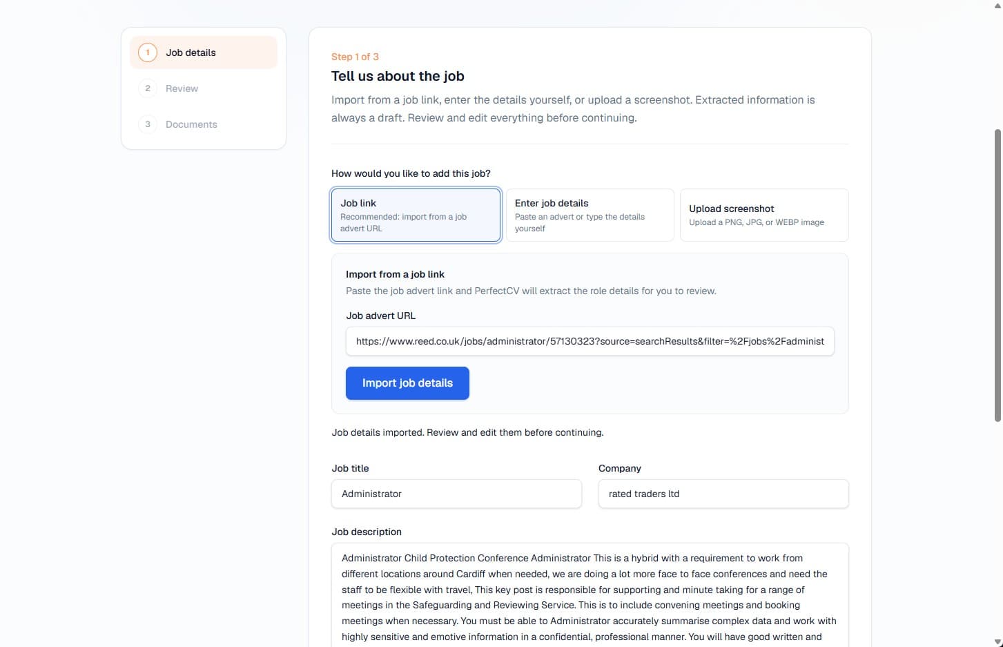 Prawda screen showing a CV tailored to a specific job description